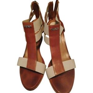 Fendi Womens Leather T Strap Wedge Sandals Beige/ Brown back zipper size 39